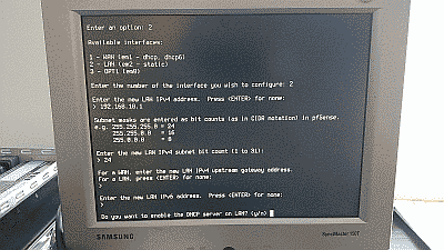 Screenshot showing the configuration of the IPv4 address for the LAN interface in the pfSense console menu