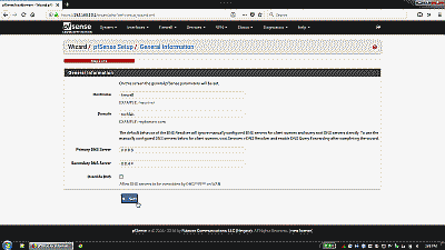 Screenshot showing the general information section of the pfSense setup wizard