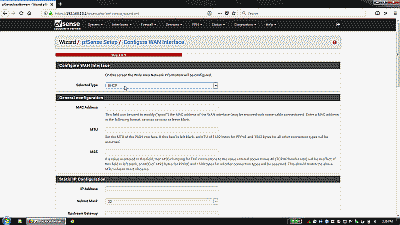 Screenshot showing the configure WAN interface information section of the pfSense setup wizard