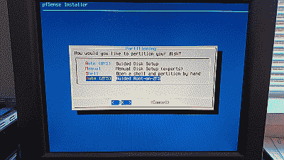 Screenshot showing the disk partition options available for the pfSense installation