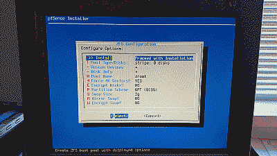 Screenshot showing the default ZFS configuration options available for the pfSense installation