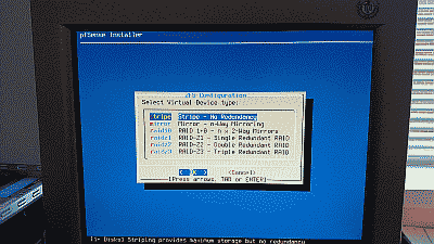 Screenshot showing the selection of ZFS virtual device type in the pfSense installation