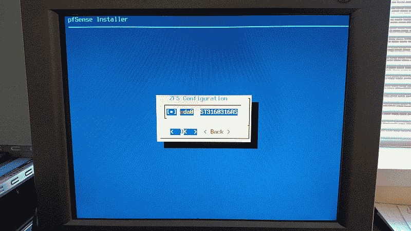 Screenshot showing the confirmation of the hard drive used for the pfSense installation