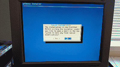 Screenshot showing the prompt to open a shell session to make installation configuration changes manually