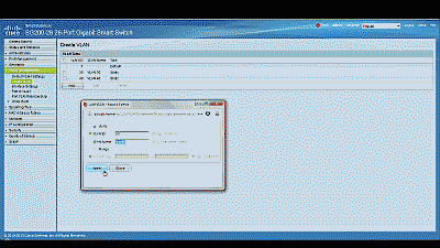 Screenshot showing the creation of a new VLAN ID 10 in the Cisco SG200-26 switch