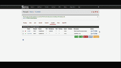 Screenshot showing the placement of a firewall rule blocking all VLAN 10 to VLAN 20 traffic in pfSense