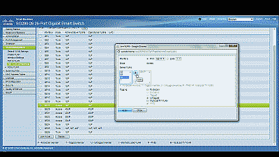 Screenshot showing port 1 being configured as an Access port in the Cisco SG200-26 switch