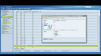 Screenshot showing port 1 being joined to VLAN 10 in the Cisco SG200-26 switch